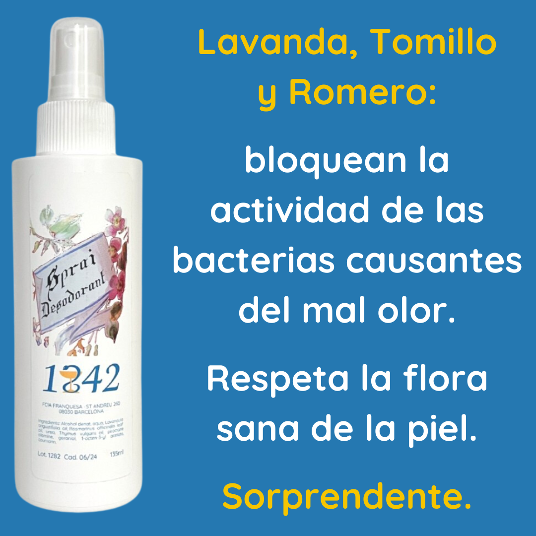 Spray desodorante 1842, con Lavanda, Tomillo y Romero. Rficaz incluso en las axilas de los adolescentes.