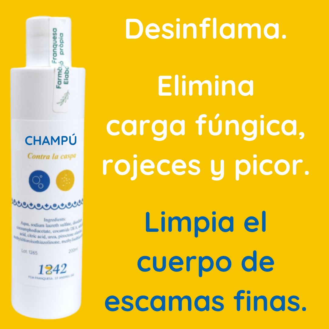 Despega escamas en cabeza y cuerpo. Prepara la piel para recibir las cremas. Reduce carga fúngica.