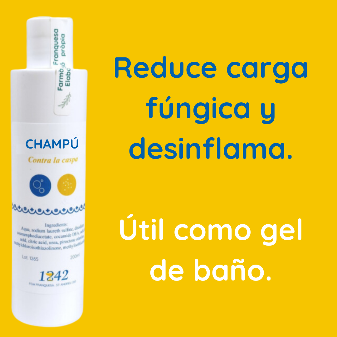 Despega escamas en cabeza y cuerpo. Prepara la piel para recibir las cremas. Reduce carga fúngica.