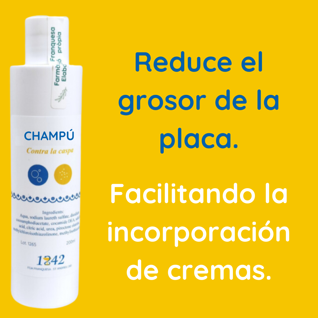 Despega escamas en cabeza y cuerpo. Prepara la piel para recibir las cremas. Reduce carga fúngica.