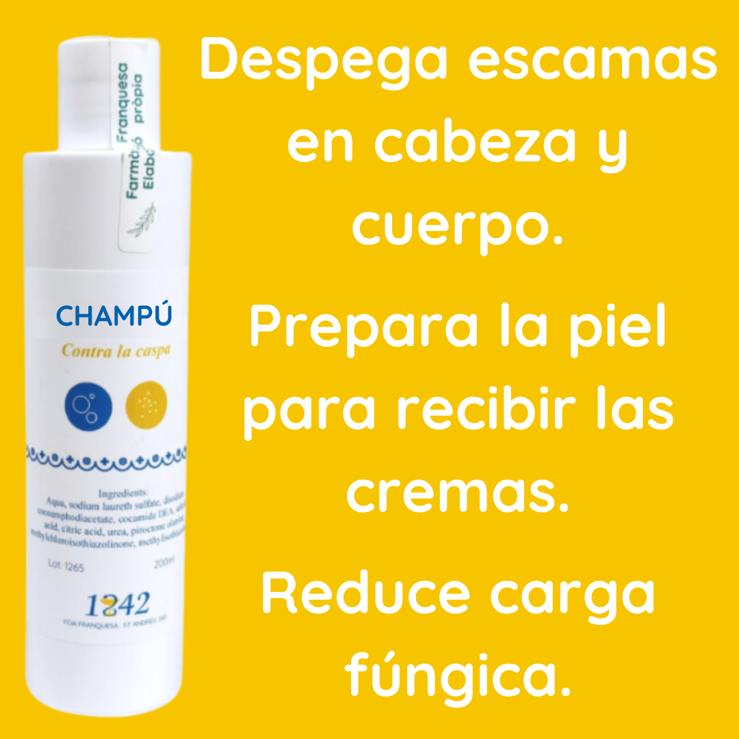 Champú contra la caspa 1842 despega escamas en cabeza y cuerpo, reduce carga fúngica, prepara la piel para facilitar acción de las cremas 1842.