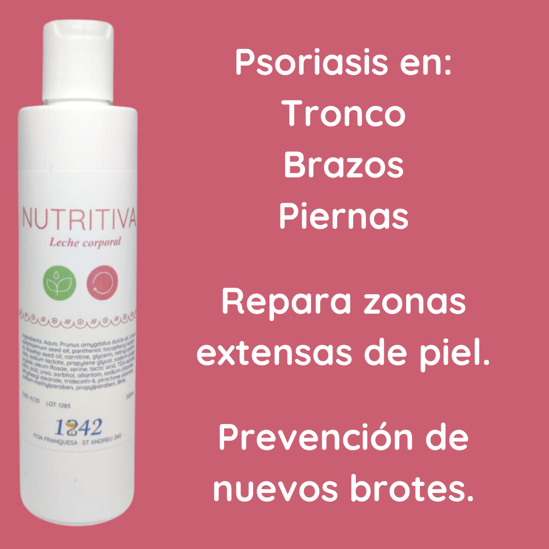 Leche corporal nutritiva 1842 repara zonas extensas de la piel con psoriasis, previene nuevos brotes.