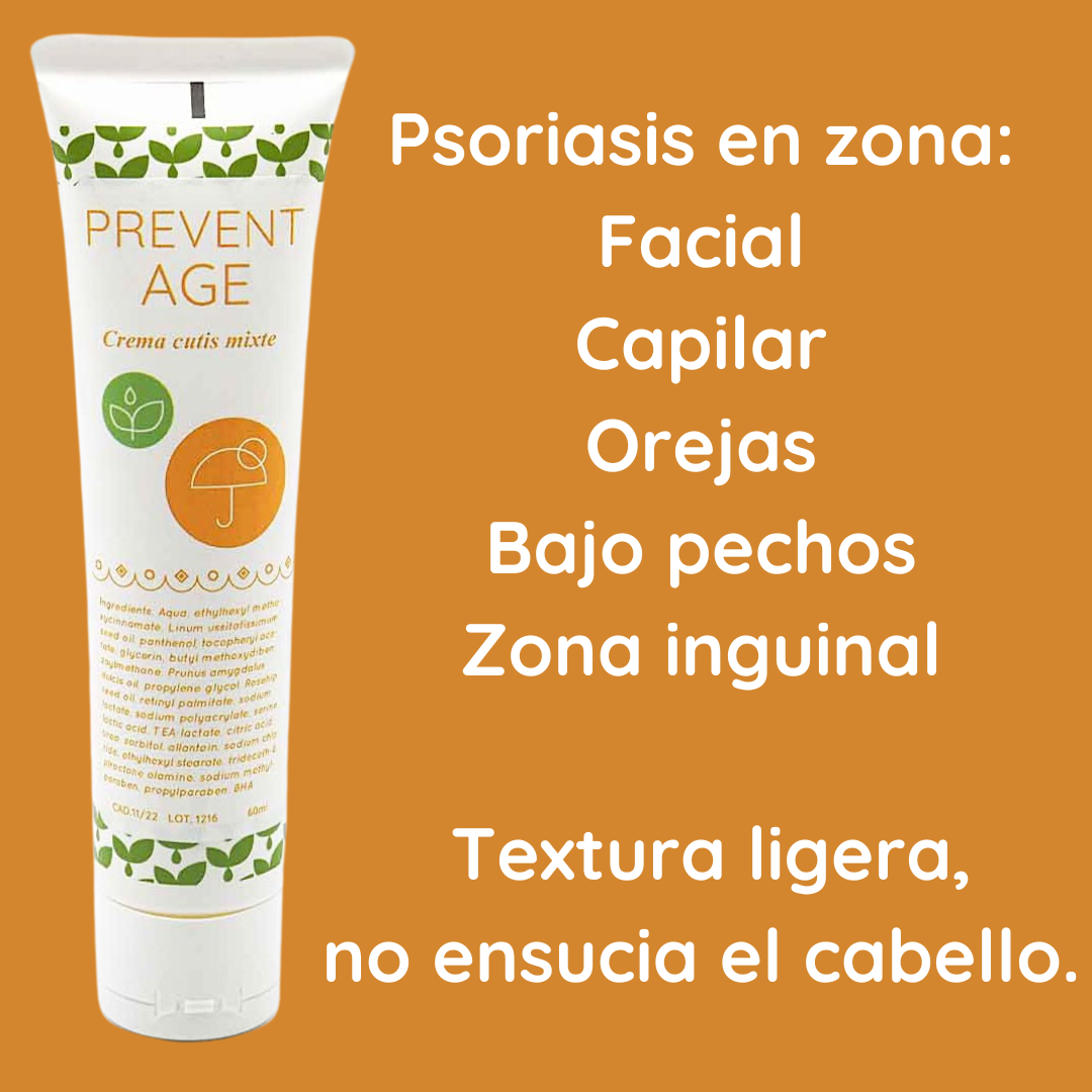 Prevent age 1842 psoriasis en zona facial, orejas, bajo pechos, capilar y zona inguinal.