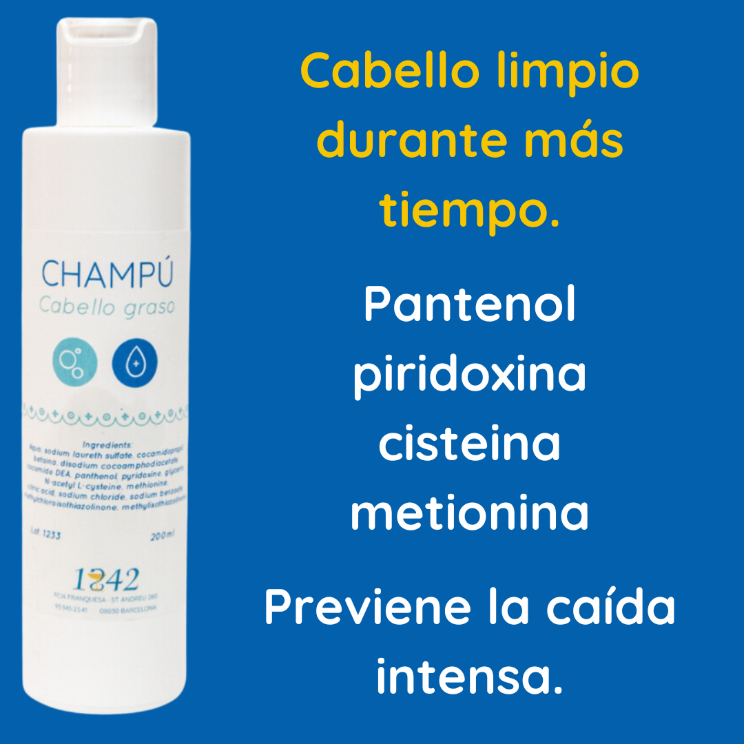 Champú cabello graso 1842, mantiene el cabello sin grasa durante más días. No reseca.