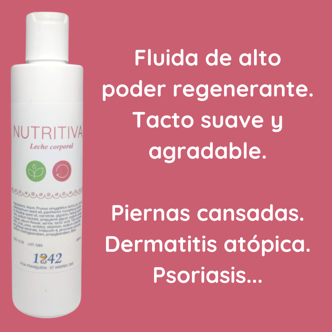 Leche corporal nutritiva 1842 fluida y muy regenerante para psoriasis extensa y dermatitis atópica como mantenimiento.