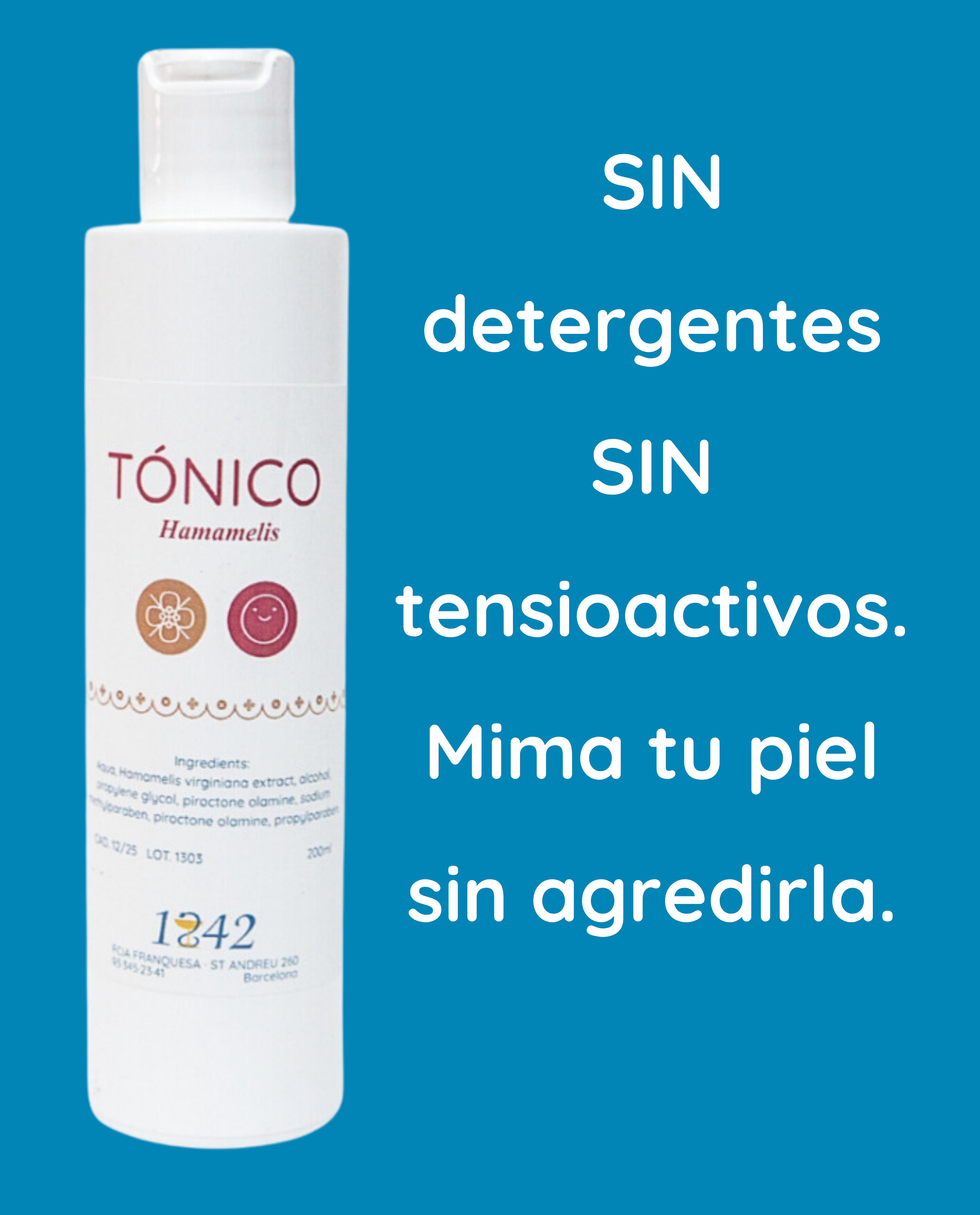 Tónico de Hamameli 1842 sin detergentes, sin tensioactivos, no es un agua micelar, limpia y mima tu piel sin agredirla, se adapta a diversos tipos de piel: sensibles, rojeces, acné.